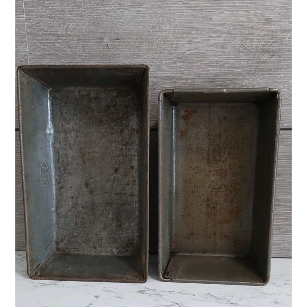 Set 2 Vintage Primitive Steel Ekco No. 605 Bread Loaf Bake Pan Rustic Farmhouse